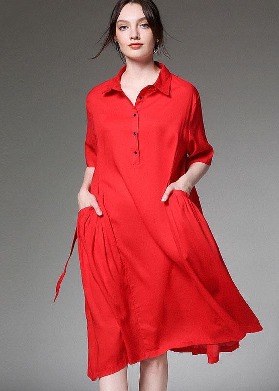 Loose Red Asymmetrical Design Tie Waist Spring Half Sleeve Holiday Dress - bagstylebliss