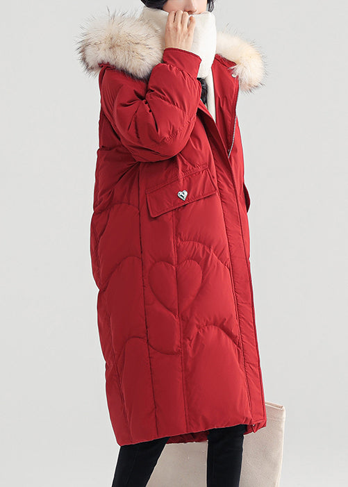 Loose Red Hooded Pockets Patchwork Duck Down Long Coats Winter