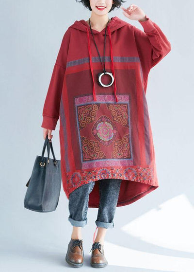 Loose Red Hooded Print Asymmetrical Design Fall Pullover Dress - bagstylebliss