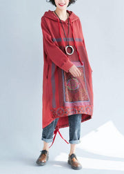 Loose Red Hooded Print Asymmetrical Design Fall Pullover Dress - bagstylebliss