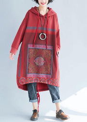 Loose Red Hooded Print Asymmetrical Design Fall Pullover Dress - bagstylebliss