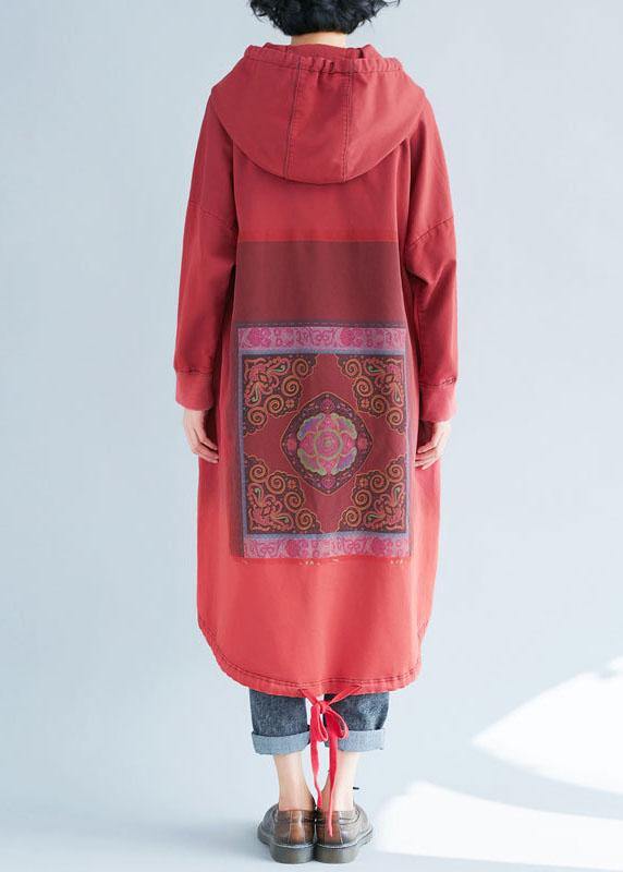 Loose Red Hooded Print Asymmetrical Design Fall Pullover Dress - bagstylebliss