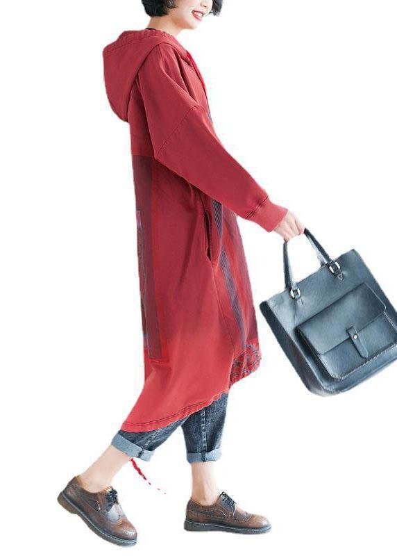 Loose Red Hooded Print Asymmetrical Design Fall Pullover Dress - bagstylebliss