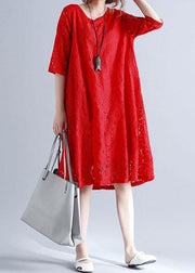 Loose Red O-Neck Hollow Out Lace Summer Party Dress Half Sleeve - bagstylebliss