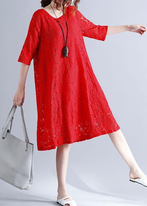 Loose Red O-Neck Hollow Out Lace Summer Party Dress Half Sleeve - bagstylebliss