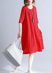 Loose Red O-Neck Hollow Out Lace Summer Party Dress Half Sleeve - bagstylebliss