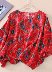 Loose Red O Neck Print Patchwork Cotton T Shirts Batwing Sleeve