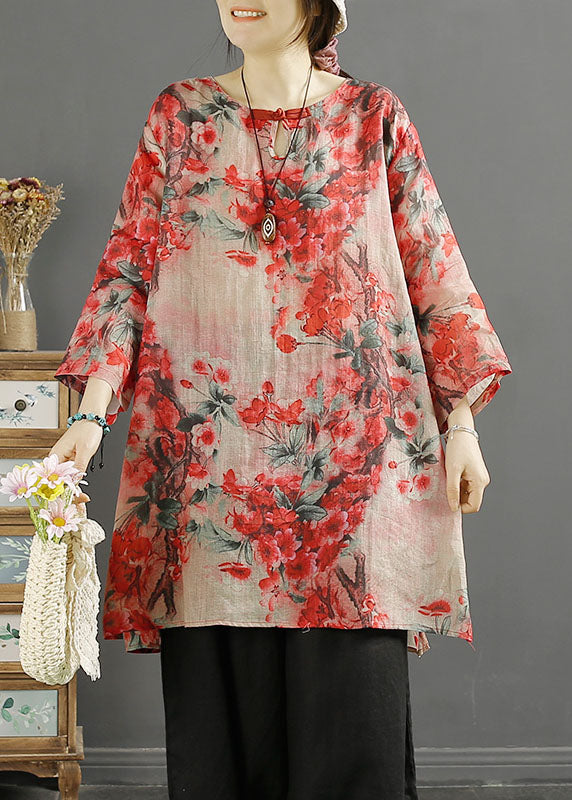 Loose Red O-Neck Print Side Open Ramie Tops Bracelet Sleeve