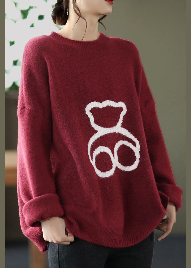 Loose Red O-Neck Print Woolen Sweaters Spring