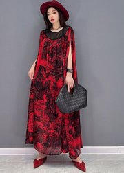 Loose Red Oversized Patchwork Print Chiffon Beach Dress Batwing Sleeve