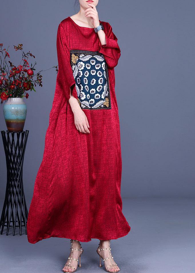 Loose Red Patchwork Print Dress Loose Silk Summer Maxi Dress - bagstylebliss