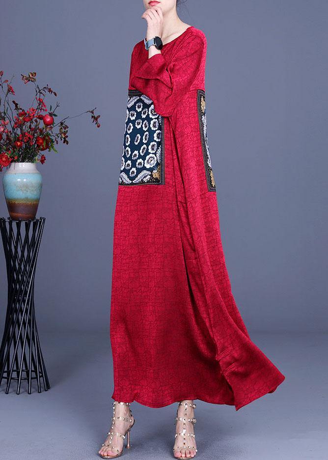 Loose Red Patchwork Print Dress Loose Silk Summer Maxi Dress - bagstylebliss