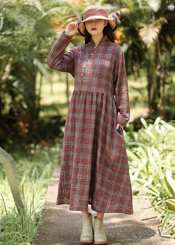 Loose Red Plaid Patchwork Cotton Dresses Spring