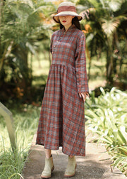 Loose Red Plaid Patchwork Cotton Dresses Spring