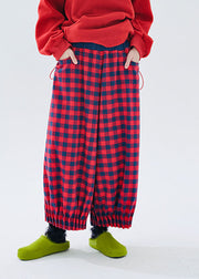 Loose Red Plaid Patchwork Pockets Elastic Waist Lantern Crop Pants Fall