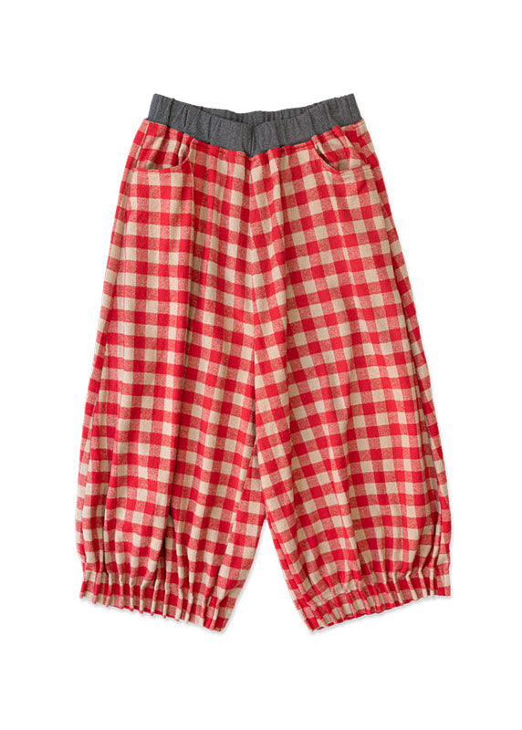 Loose Red Plaid Patchwork Pockets Elastic Waist Lantern Crop Pants Fall