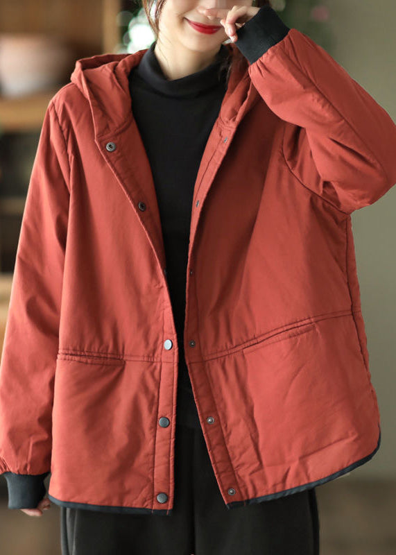 Loose Red Pockets Button Fine Cotton Filled Hooded Jacket Winter