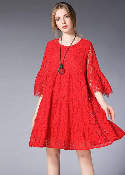 Loose Red Solid Wrinkled Spring Half Sleeve Dresses - bagstylebliss