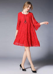 Loose Red Solid Wrinkled Spring Half Sleeve Dresses - bagstylebliss