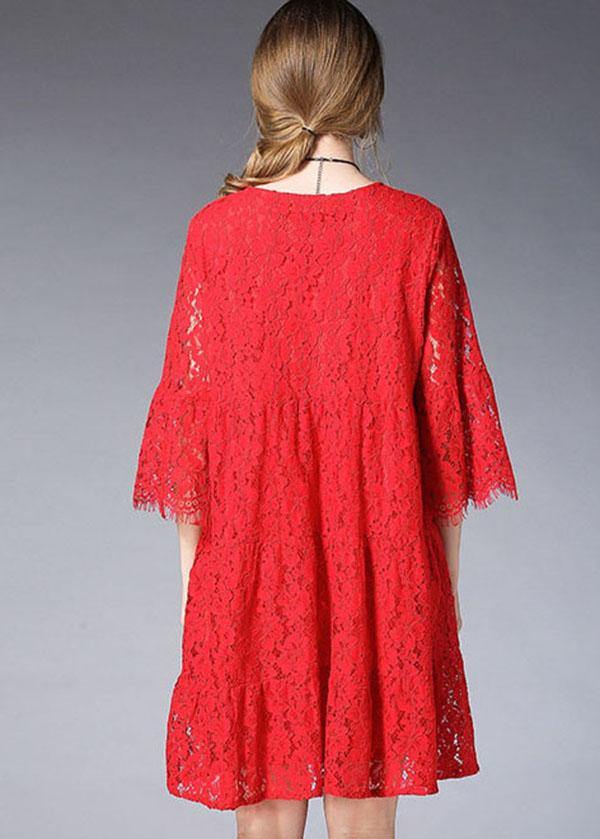 Loose Red Solid Wrinkled Spring Half Sleeve Dresses - bagstylebliss