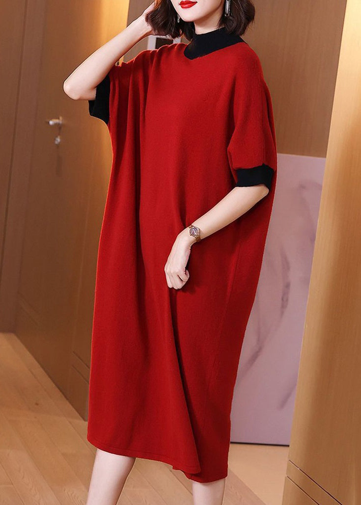 Loose Red Turtleneck Patchwork Cotton Knit Dress Short Sleeve