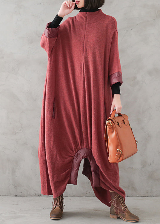 Loose Red Turtleneck Zippered Cashmere Knit Sweater Dress Winter