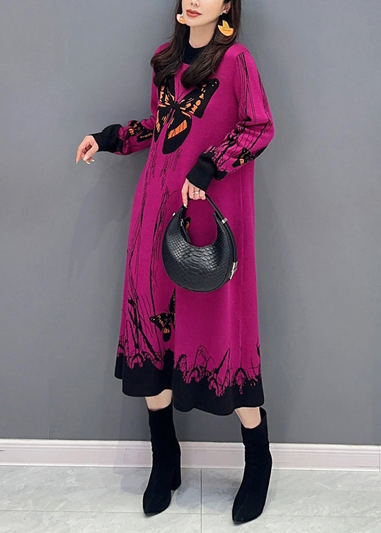 Loose Rose O-Neck Print Patchwork Knit Dresses Long Sleeve