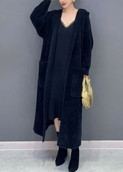 Loose Rose Pockets Knitted Cotton Thread Long Hooded Coat Fall