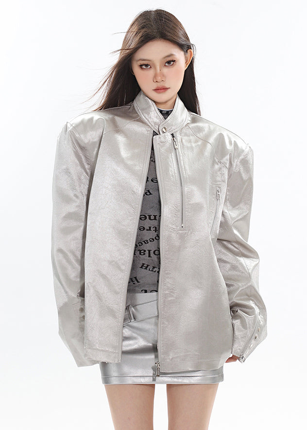 Loose Silver Stand Collar Zip Up Faux Leather Neutral Coat Winter