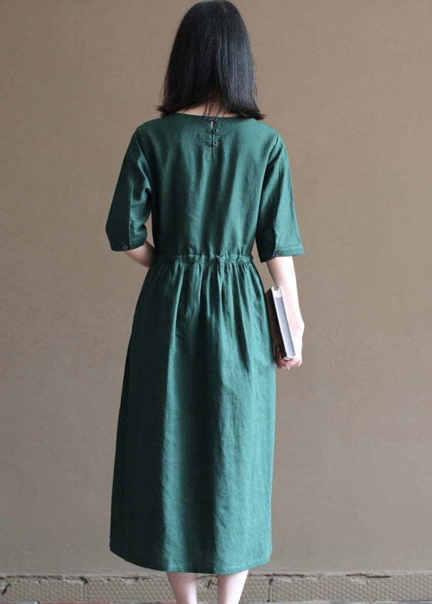 Loose Solid Blackish Green Drawstring Ruffled Cotton Linen Vacation Dress Half Sleeve