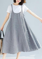 Loose Spaghetti Strap cotton Long Fashion black white Plaid Dresses Summer