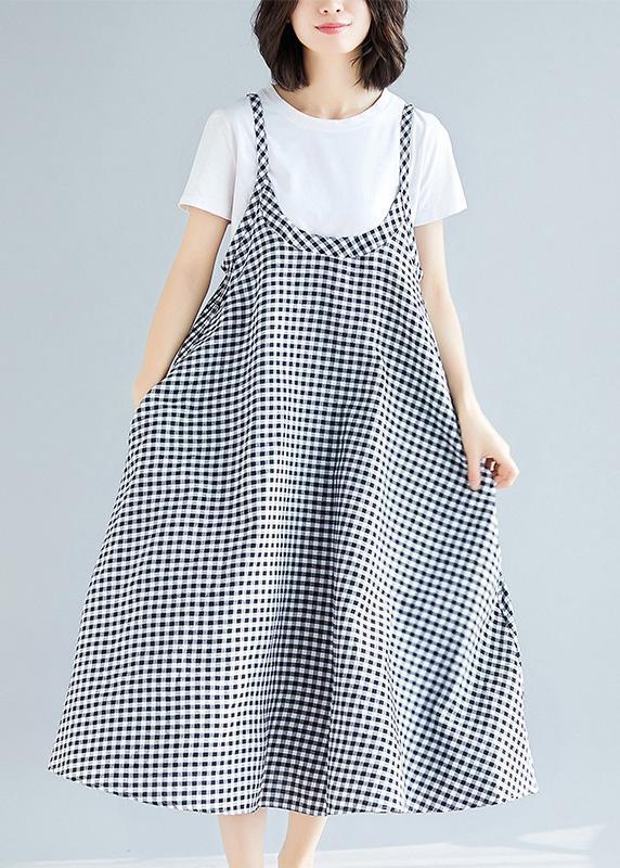 Loose Spaghetti Strap cotton Long Fashion black white Plaid Dresses Summer