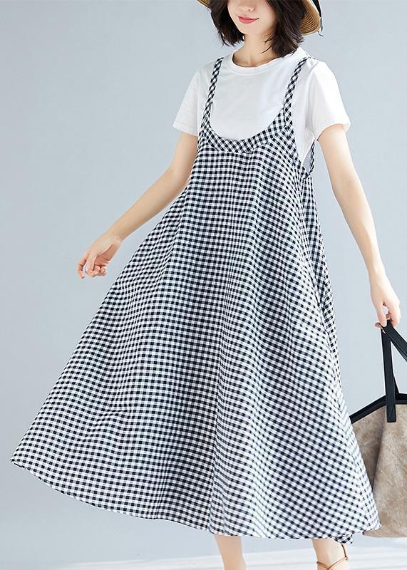 Loose Spaghetti Strap cotton Long Fashion black white Plaid Dresses Summer