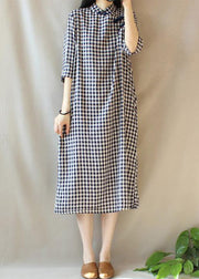 Loose Stand Collar Chinese Button Outfit Work Plaid Maxi Dresses - bagstylebliss