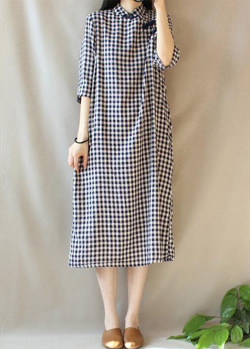 Loose Stand Collar Chinese Button Outfit Work Plaid Maxi Dresses - bagstylebliss