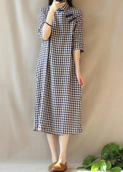 Loose Stand Collar Chinese Button Outfit Work Plaid Maxi Dresses - bagstylebliss