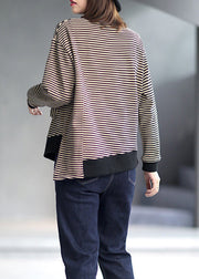 Loose Striped Low High Design Patchwork Cotton Top Fall