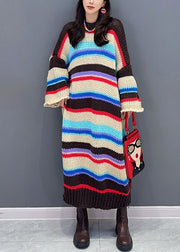 Loose Striped O-Neck Hollow Out Patchwork Knit Dresses Fall