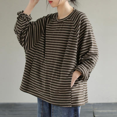 Loose Striped cotton Spring Clothes design Chocolate shirt - bagstylebliss