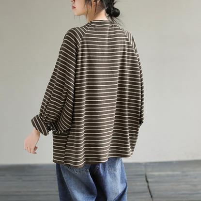 Loose Striped cotton Spring Clothes design Chocolate shirt - bagstylebliss