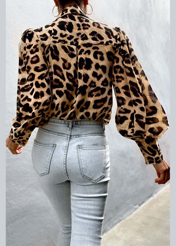 Loose Turn-down Collar Button Leopard Print Shirts Lantern Sleeve