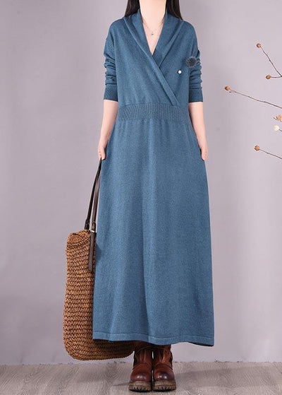 Loose V Neck Asymmetric Spring Quilting Clothes Work Blue Robes Dresses - bagstylebliss