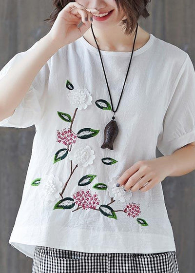 Loose White Embroideried Floral Cotton Linen Tees Summer - bagstylebliss