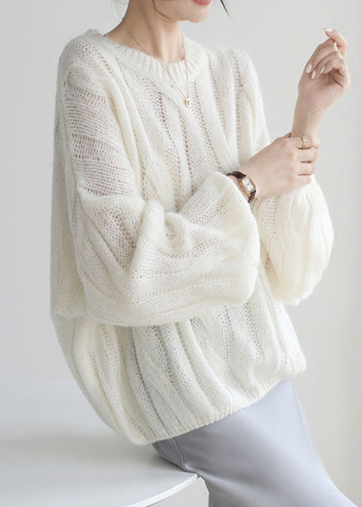 Loose White Hollow Out  Cozy Woolen Shirt Puff Sleeve