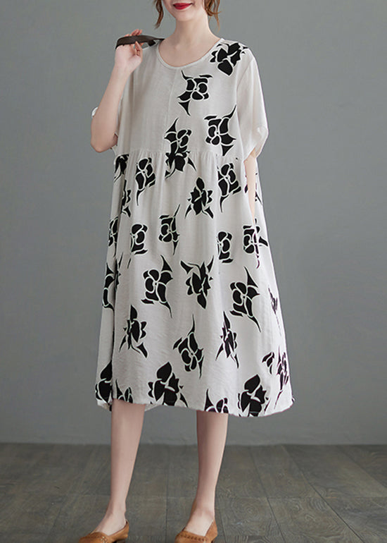 Loose White O-Neck Cinched asymmetrisches Design Print Kleider Kurzarm