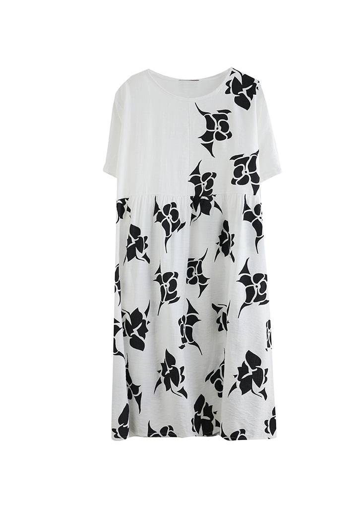 Loose White O-Neck Cinched asymmetrisches Design Print Kleider Kurzarm