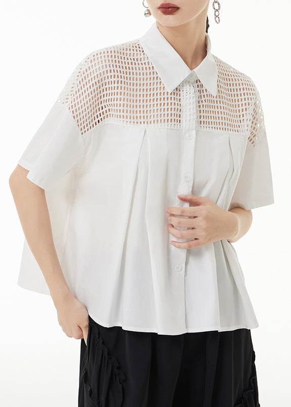 Loose White Peter Pan Collar Hollow Out Patchwork Cotton Shirt Summer