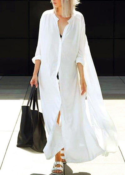 Loose White Stand Button long shirts Mid Dress Summer - bagstylebliss
