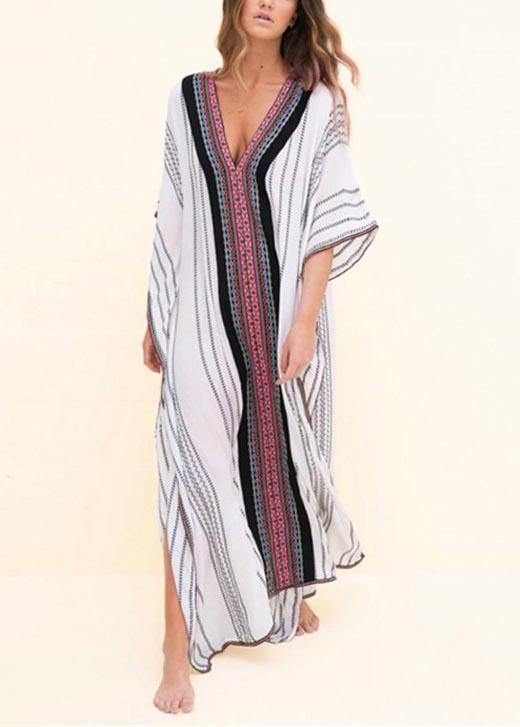 Loose White Striped Patchwork Beach Gown Holiday Cotton Dress - bagstylebliss