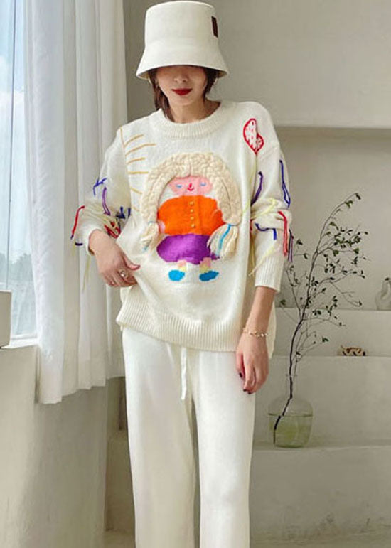 Loose White Tasseled Patchwork Knit Sweaters Winter